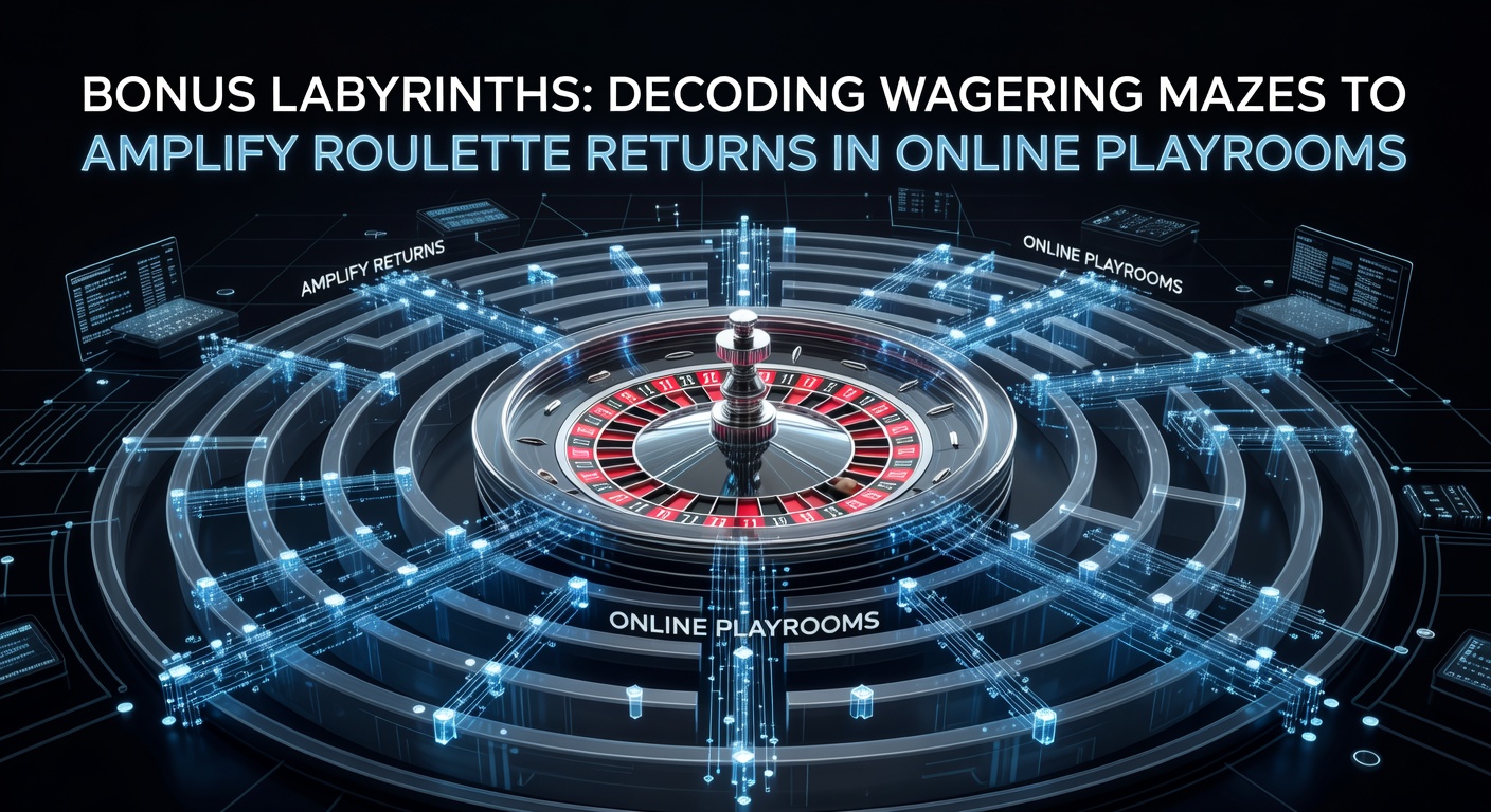 Digital illustration of a intricate maze shaped like a roulette wheel, symbolizing complex bonus wagering paths in online casinos