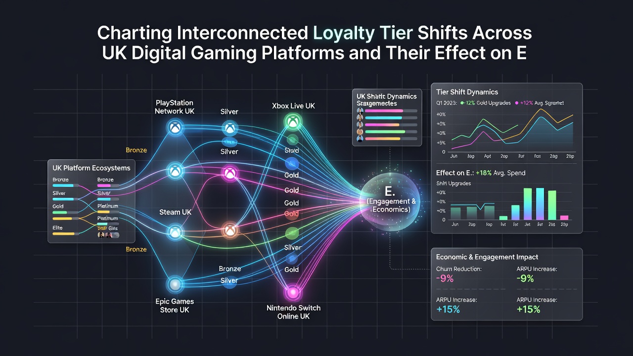 Detailed infographic displaying session duration statistics linked to loyalty tier changes and cross-platform player activity in UK digital gaming