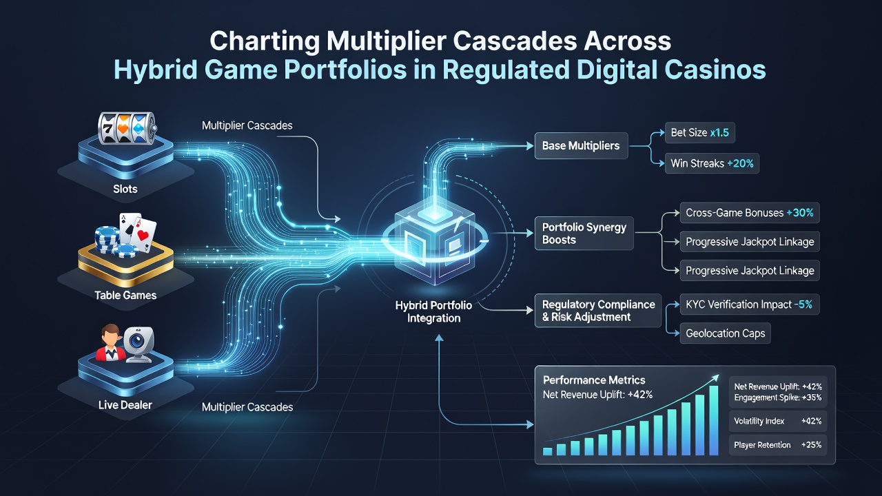 Dashboard screenshot showing charts of multiplier cascade triggers and payout distributions across hybrid casino game types