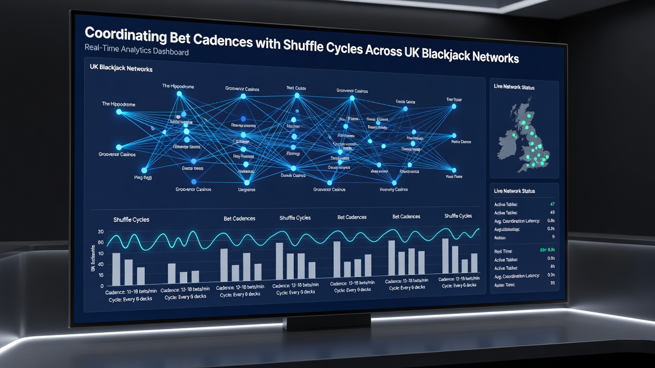 Network diagram displaying real-time data exchange between UK blackjack tables during shuffle coordination