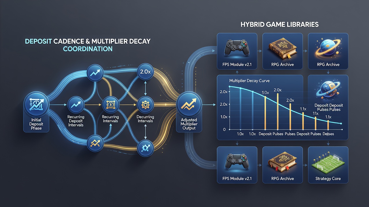 Chart showing deposit intervals overlaid on multiplier decay timelines for hybrid casino game collections