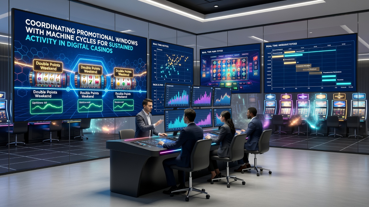 Analytics dashboard displaying promotional windows overlaid on slot machine performance cycles