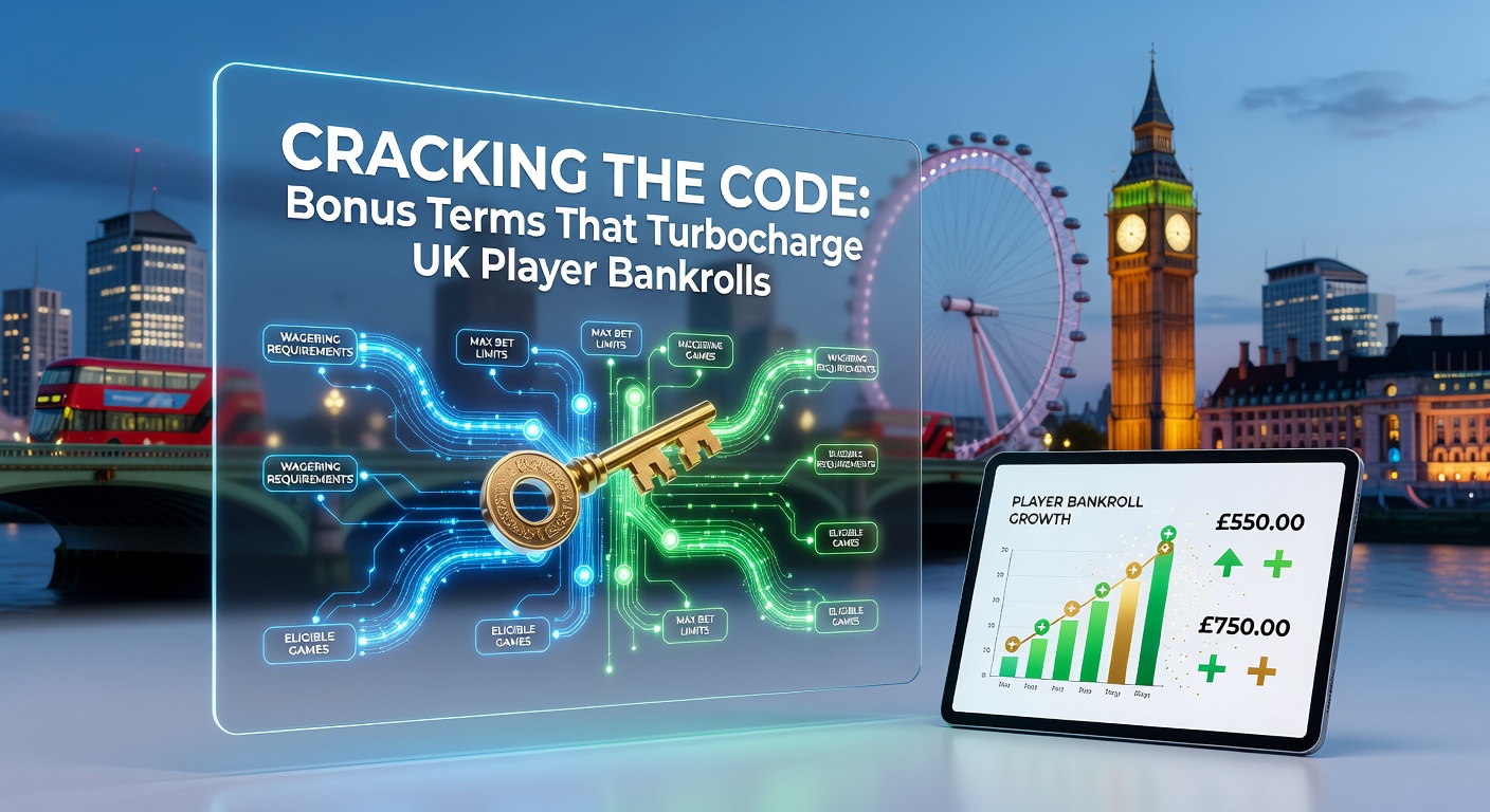 Infographic breaking down bonus terms with icons for wagering requirements, maximum bets, expiry dates, and cashout caps, set against a vibrant casino backdrop