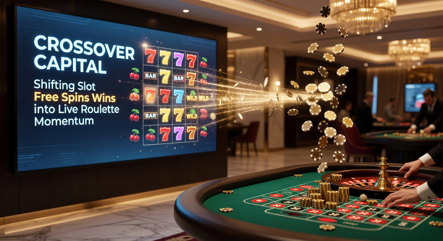 Dynamic split-view of slot free spins explosion flowing into a live roulette bet placement, illustrating crossover momentum in casino play