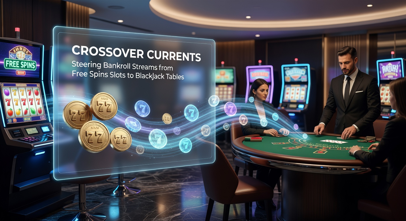 Vibrant casino floor showing slot machines transitioning to blackjack tables with glowing bankroll icons flowing between them