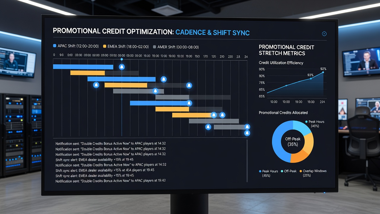 Digital interface displaying live dealer shift schedules alongside slot and table promotional timelines