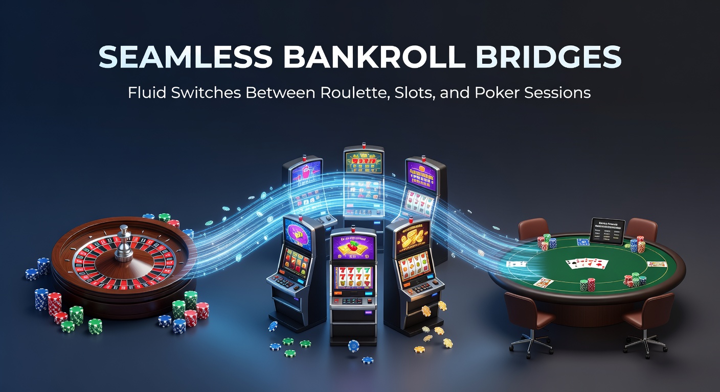 Casino player at a multi-game table transitioning bankroll between roulette wheel, slot machines, and poker chips under vibrant lights