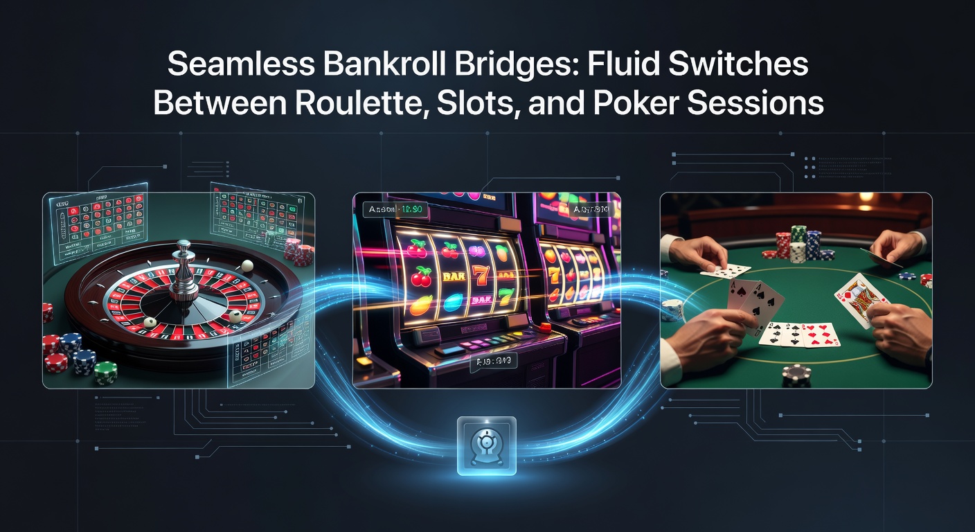 Digital dashboard showing bankroll allocation pie chart divided between roulette, slots, and poker icons, with session timers and profit graphs