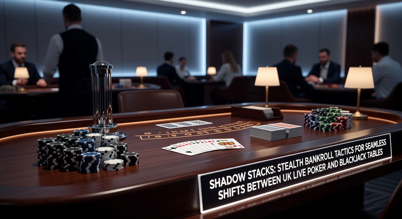 A dimly lit UK casino floor showing poker and blackjack tables side by side, with players subtly managing chips between games