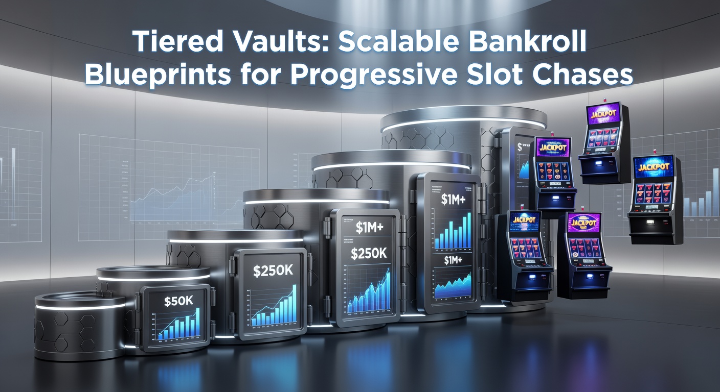 Illustration of tiered vault structures representing divided bankroll levels for slot play, with progressive jackpot symbols climbing upward