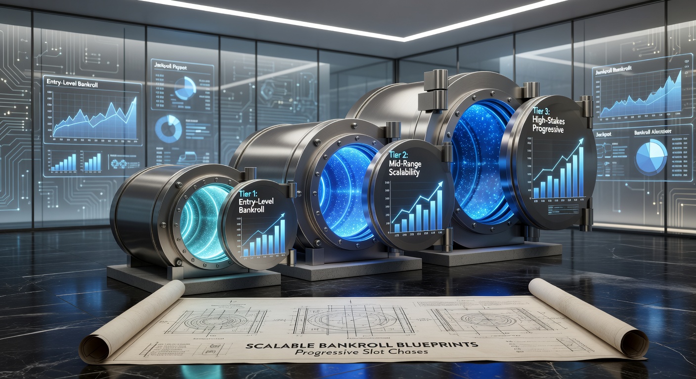 Diagram of a three-tiered bankroll vault system, showing fund allocation from foundational layer to jackpot pursuit peak with bet scaling arrows