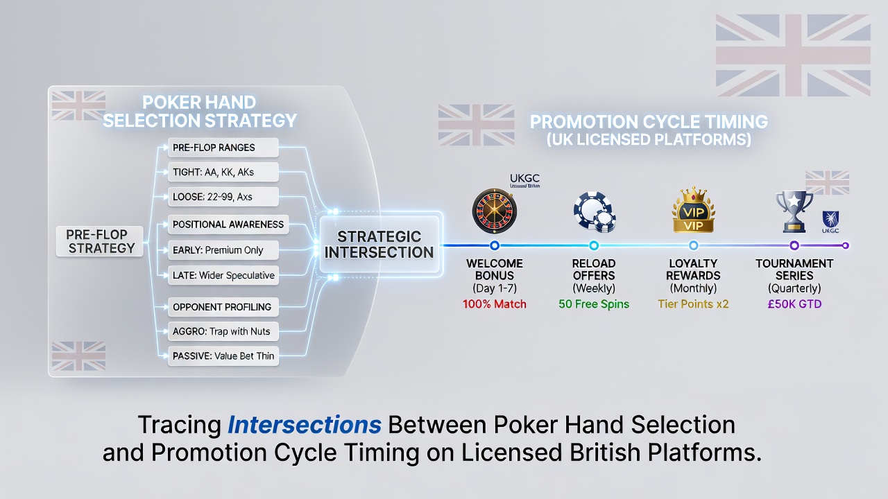 Poker table setup on a licensed British online platform showing hand selection interfaces and active promotion banners