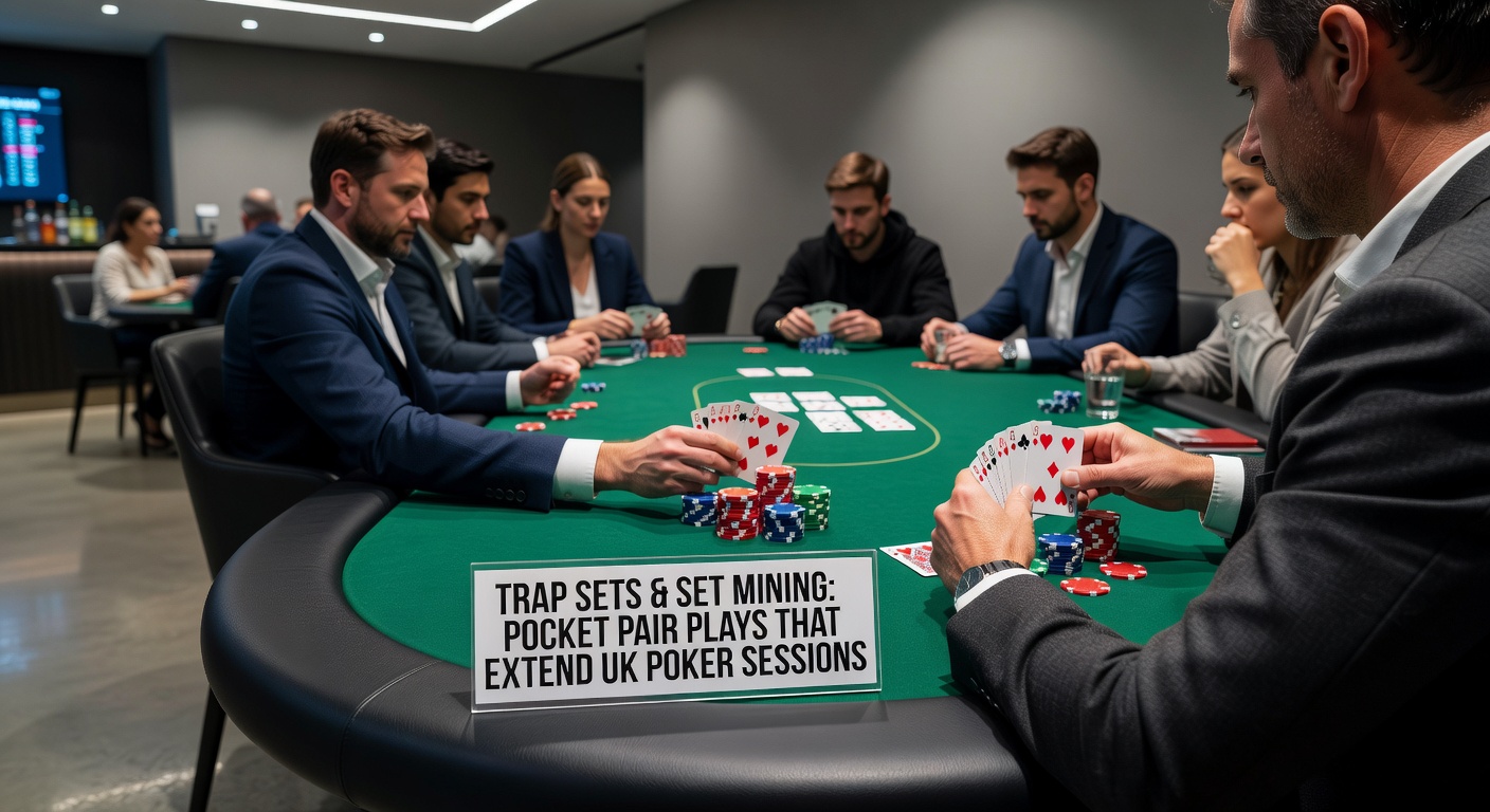 Poker player at a UK table holding pocket pairs, eyeing a potential set on the flop